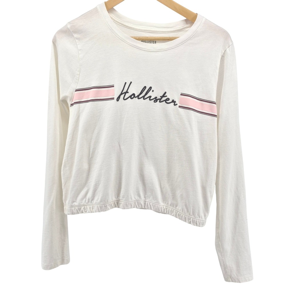 Hollister Y2K Long Sleeve Cropped T Shirt‎ Pink Stripe Graphic Spellout Sz M